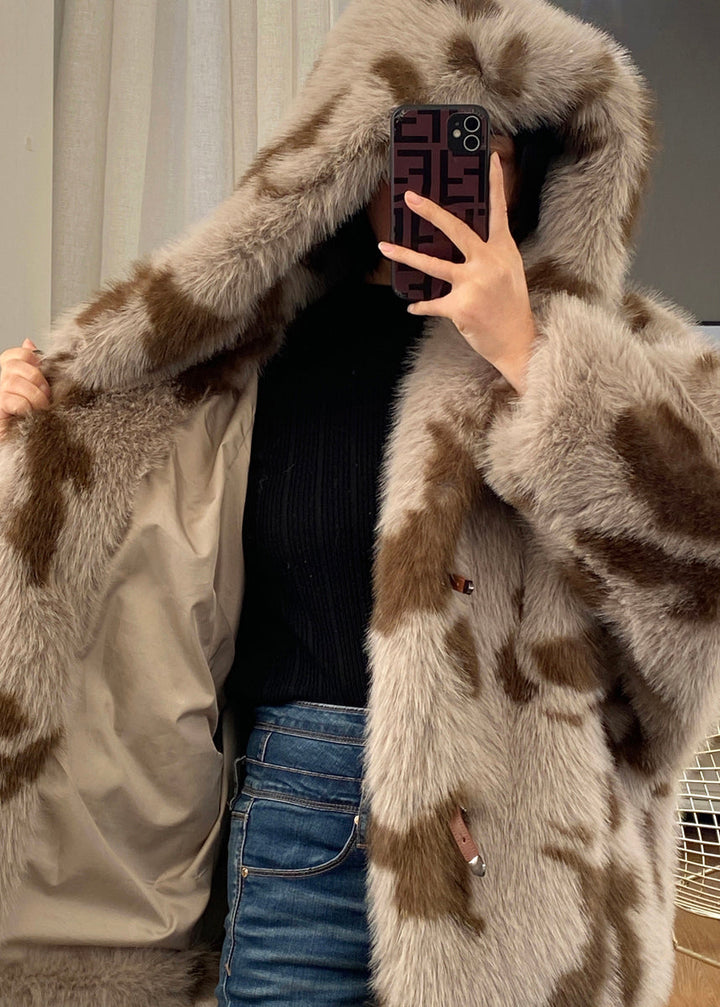 Drune | Kapuzen Farbblock Knopf Taschen Flauschige Fell Flauschige Mäntel Lange Ärmel