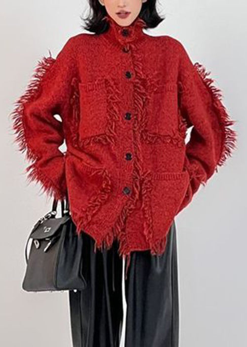 Drune | Rote Knopf Taschen Baumwoll Strickmäntel Langarm