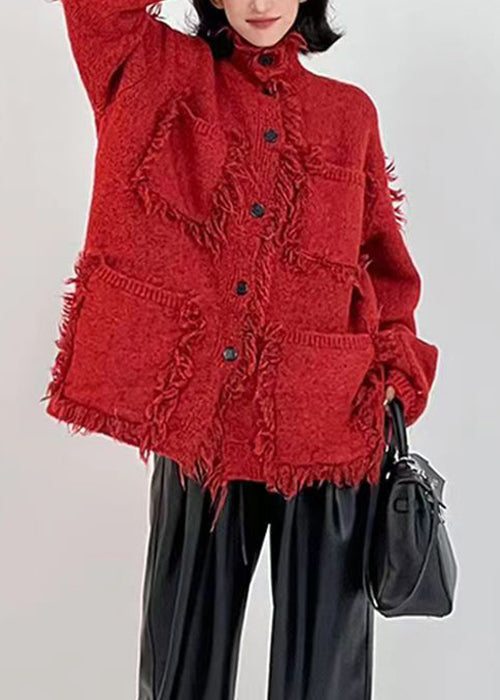 Drune | Rote Knopf Taschen Baumwoll Strickmäntel Langarm