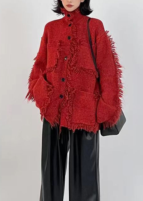 Drune | Rote Knopf Taschen Baumwoll Strickmäntel Langarm
