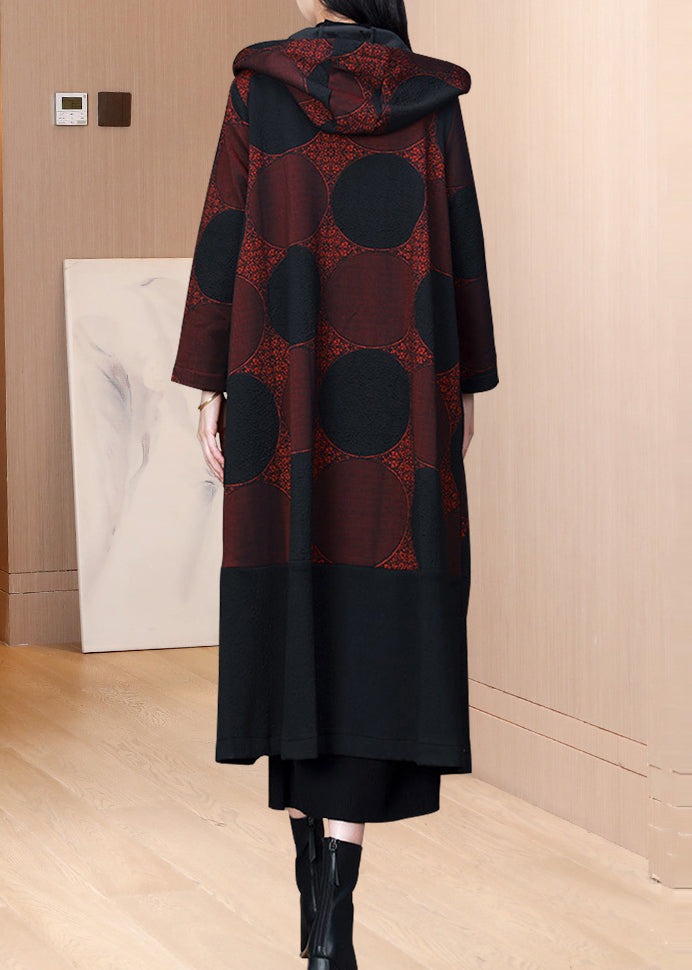 Drune | Roter Druck Knopf Patchwork Warme Fleece Hoodies Mäntel Winter
