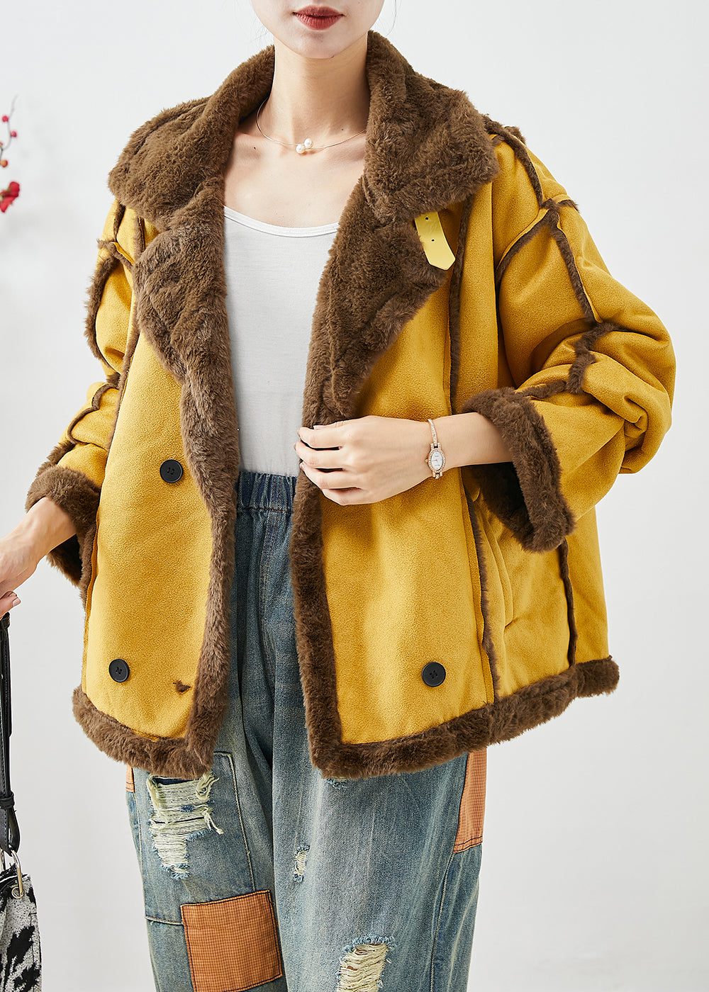 Drune | Gelbe Revers Doppeltbreasted Fleece Wolle Gefütterte Mäntel Winter