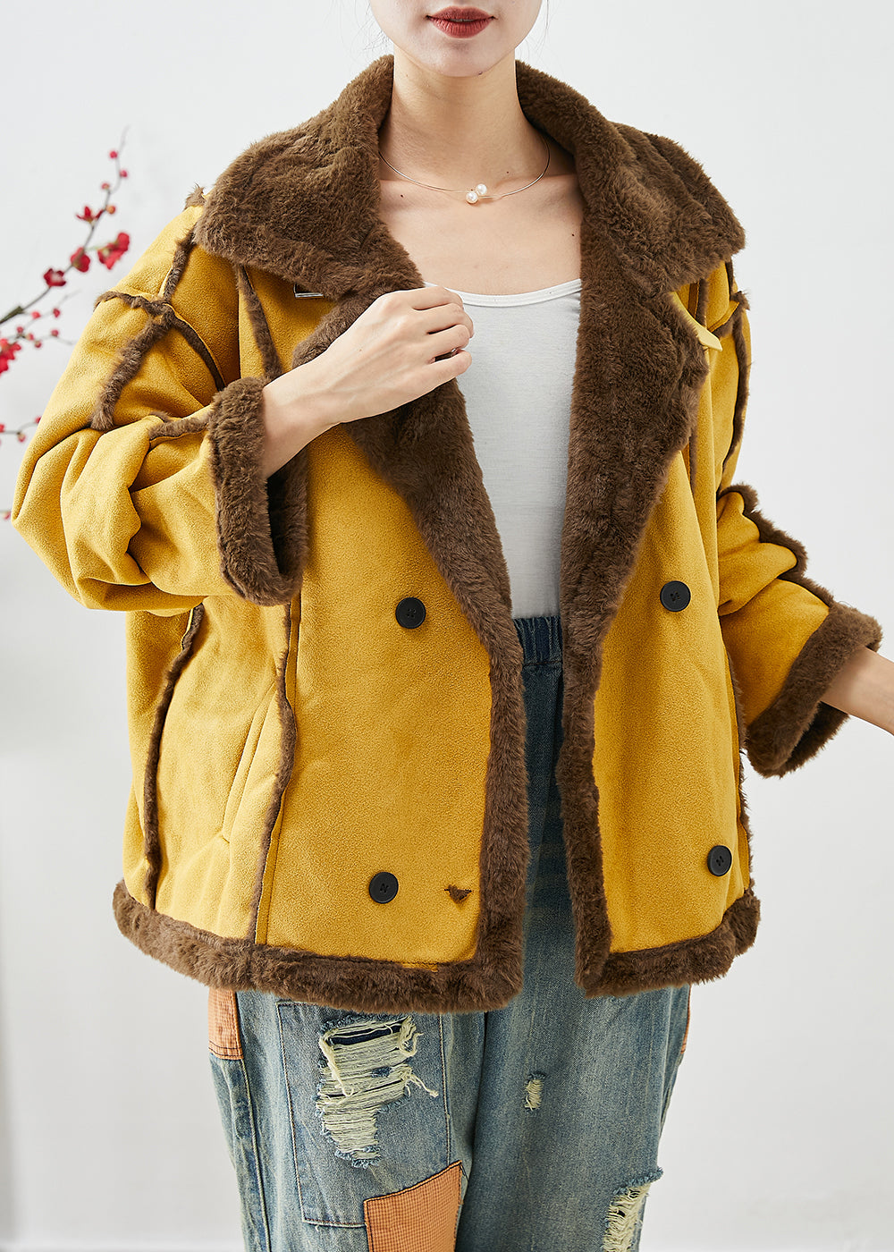 Drune | Gelbe Revers Doppeltbreasted Fleece Wolle Gefütterte Mäntel Winter