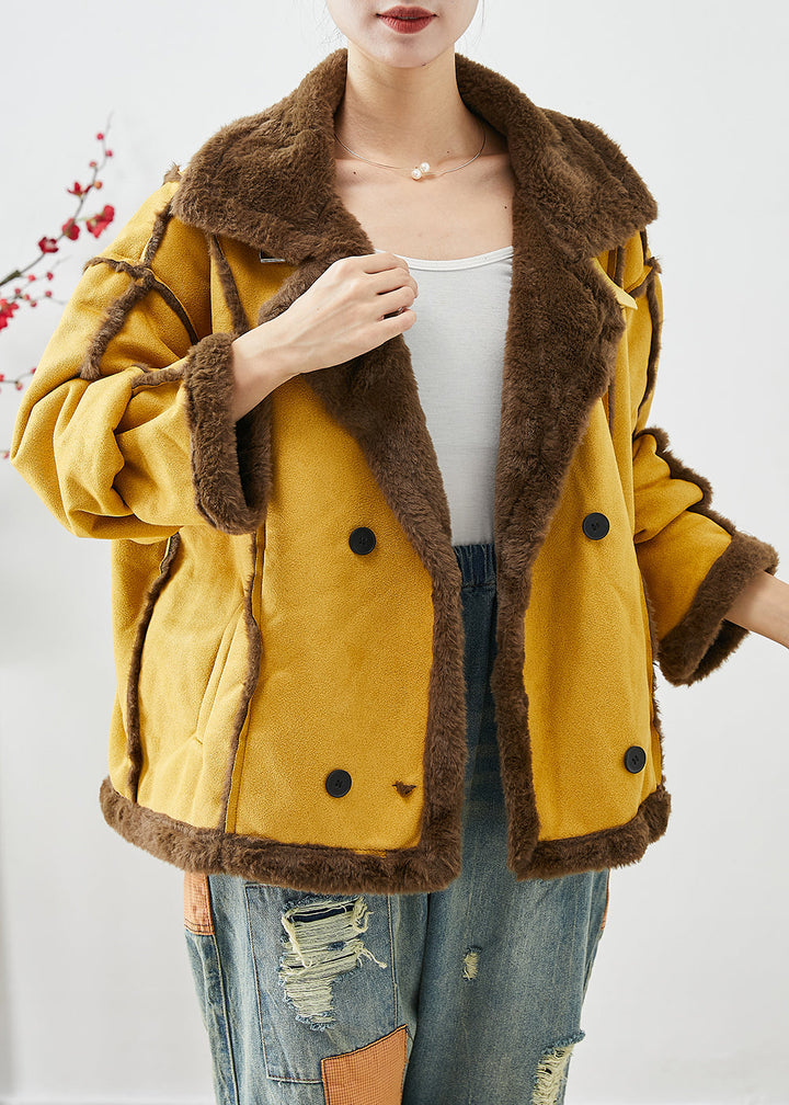 Drune | Gelbe Revers Doppeltbreasted Fleece Wolle Gefütterte Mäntel Winter
