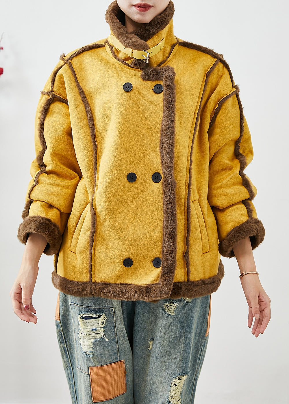 Drune | Gelbe Revers Doppeltbreasted Fleece Wolle Gefütterte Mäntel Winter