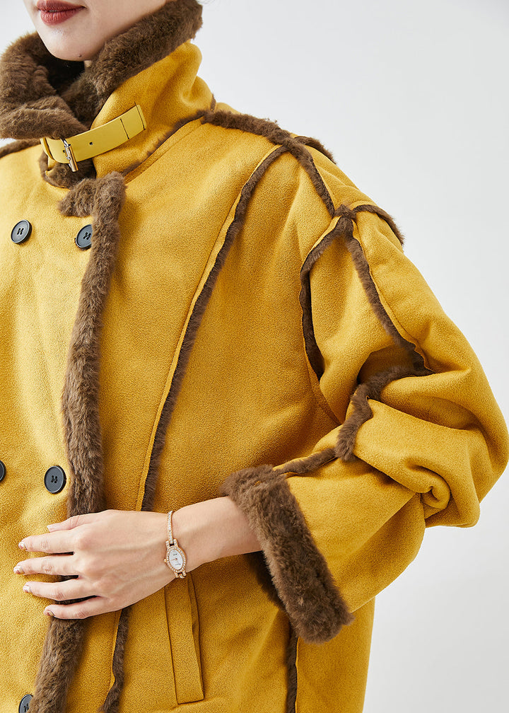Drune | Gelbe Revers Doppeltbreasted Fleece Wolle Gefütterte Mäntel Winter