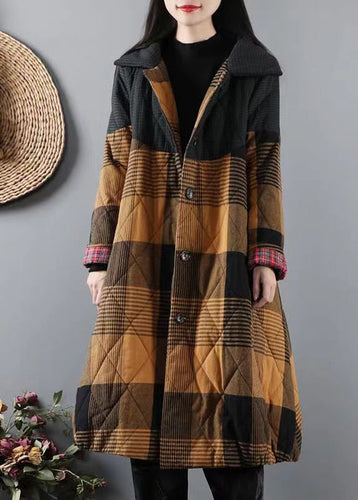 Drune | Gelbe Taschen Karierter Patchwork feine Baumwollgefüllte Mäntel Winter