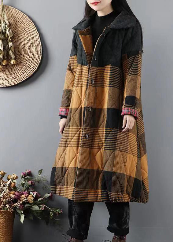 Drune | Gelbe Taschen Karierter Patchwork feine Baumwollgefüllte Mäntel Winter