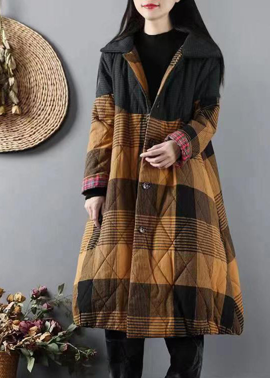 Drune | Gelbe Taschen Karierter Patchwork feine Baumwollgefüllte Mäntel Winter