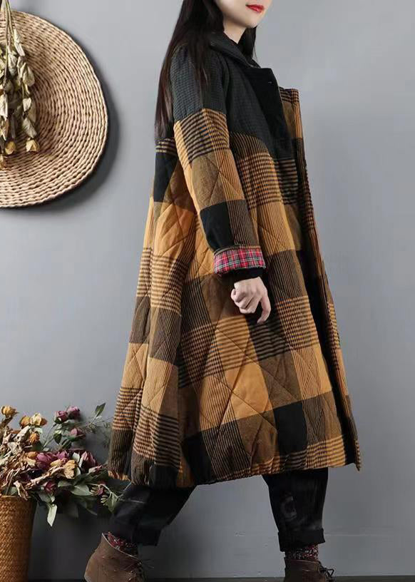 Drune | Gelbe Taschen Karierter Patchwork feine Baumwollgefüllte Mäntel Winter