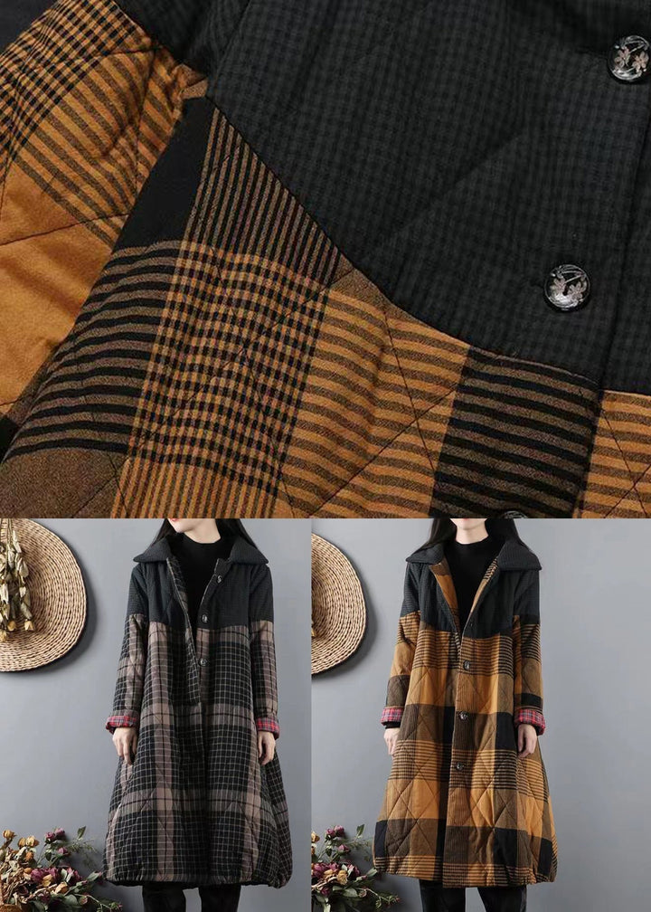 Drune | Gelbe Taschen Karierter Patchwork feine Baumwollgefüllte Mäntel Winter