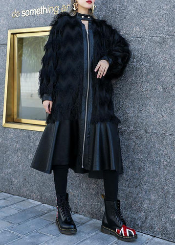 Drune | schwarze Patchwork PU feine Mäntel Damen Muster Stehkragen Quastenmäntel
