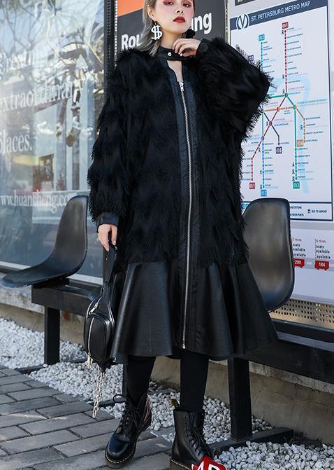 Drune | schwarze Patchwork PU feine Mäntel Damen Muster Stehkragen Quastenmäntel