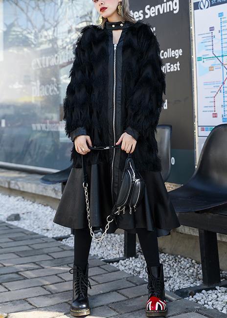 Drune | schwarze Patchwork PU feine Mäntel Damen Muster Stehkragen Quastenmäntel