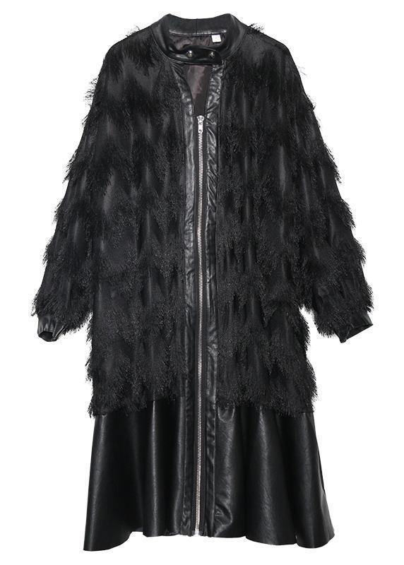Drune | schwarze Patchwork PU feine Mäntel Damen Muster Stehkragen Quastenmäntel