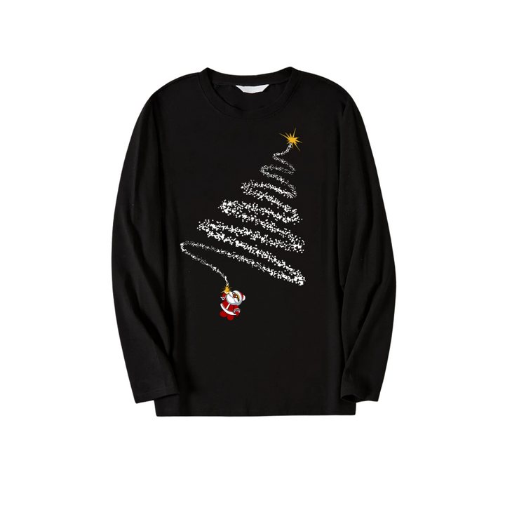 Drune | Weihnachtsmann und Weihnachtsbaum Druck Schwarzes Langarmoberteil mit Grün und Schwarz Karierter Familie passende Pyjamas