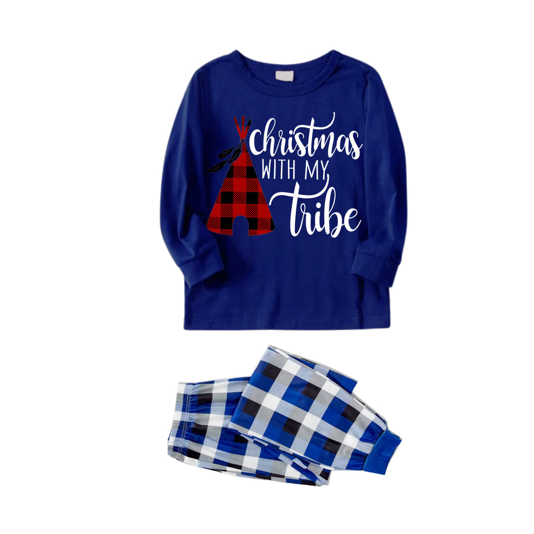 Drune | "Weihnachten Mit Meinem Stamm" Muster Blau Langarmshirt mit Blau-Weiß-Schwarz Karierten Hosen Familie Passende Pyjamas