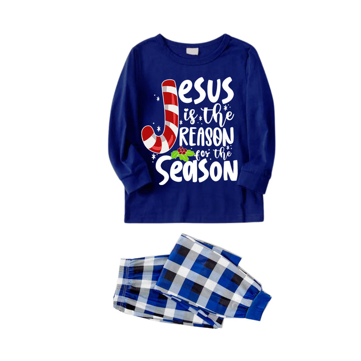 Drune | Weihnachten Jesus Weiße Buchstaben Druck Kontrast Blau Langarm-Shirt mit Blau und Weißen Karotten Hosen Familie Übereinstimmende Pyjamas
