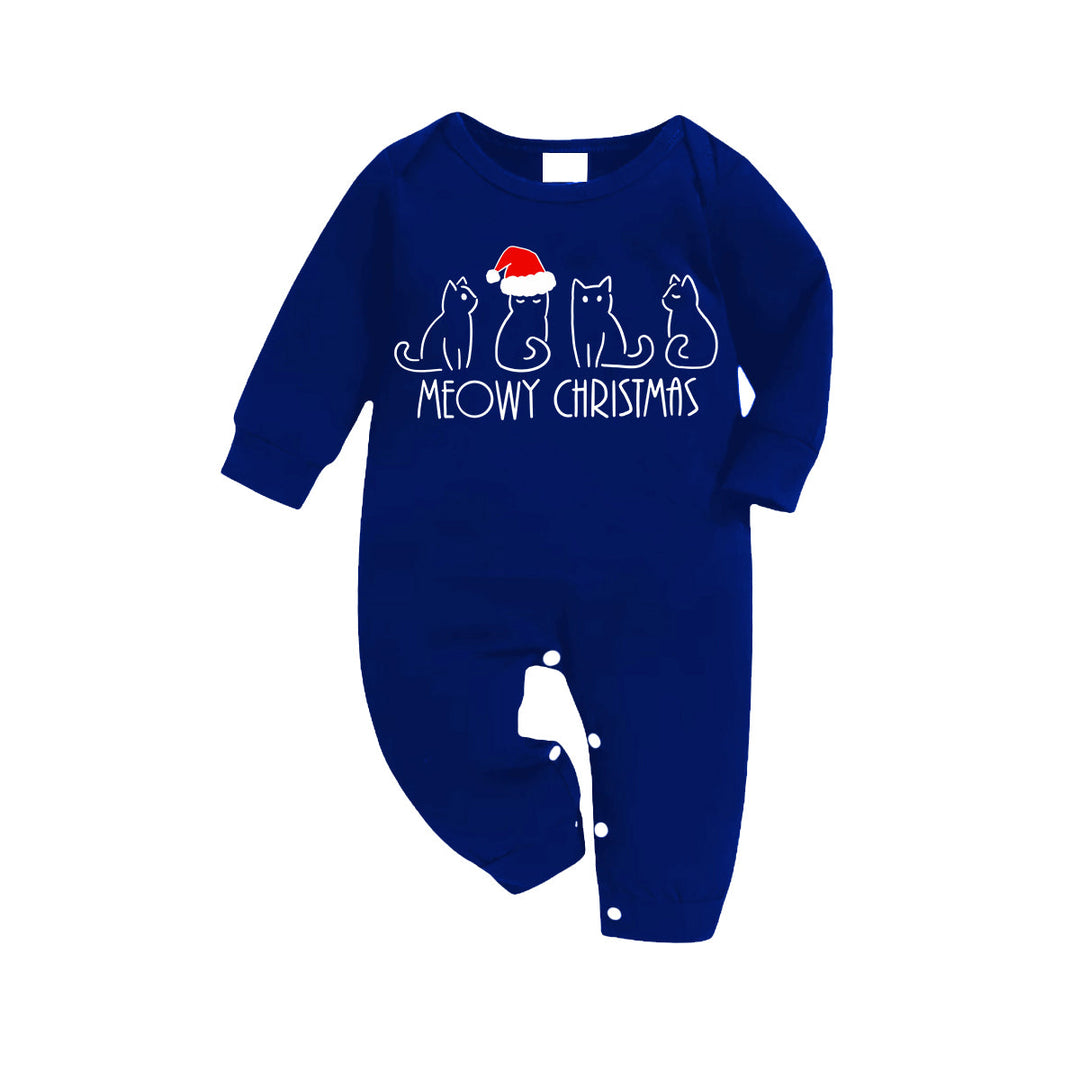 Drune | Weißer süßer Weihnachtsmütze mit Katzenmuster, blaue lange Ärmel mit blau-weiß-schwarz karierten Hosen, Familien-Pyjamas zum passenden Outfit.