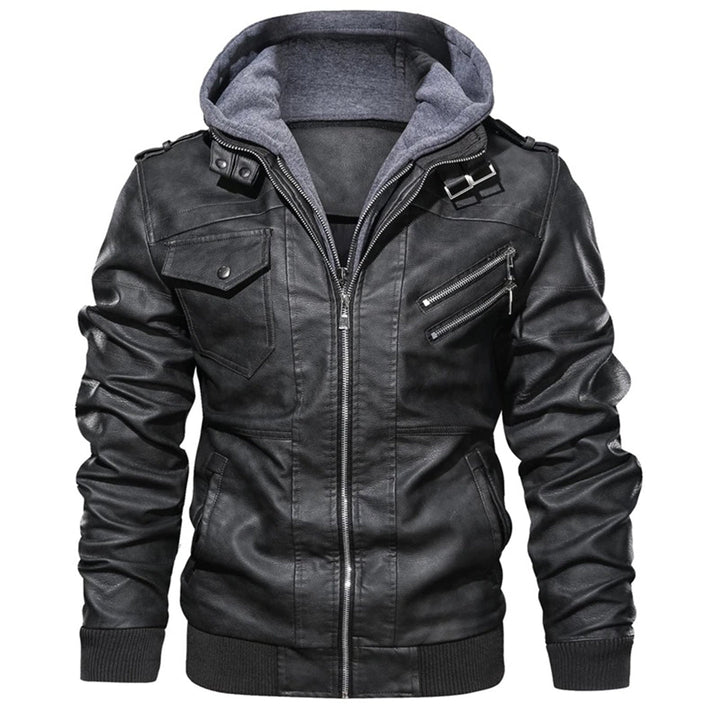 Drune | Herren Lederjacke - Biker-Stil mit doppellagiger Kapuze
