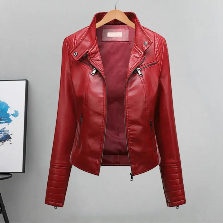 Drune | sportliche kurze Lederjacke für Damen mit Stehkragen