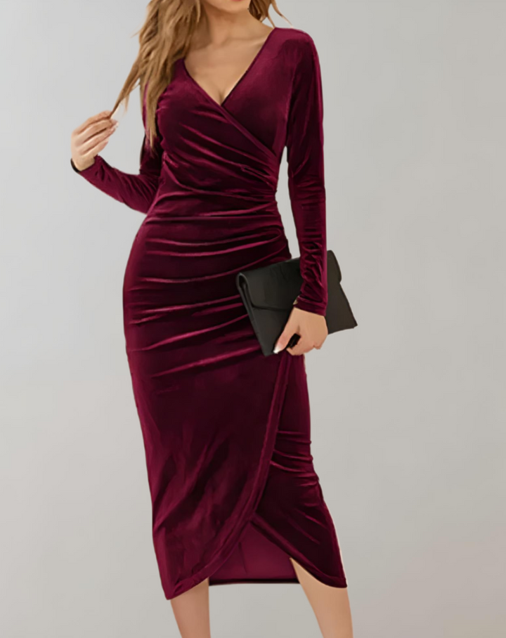 Drune | Wickelkleid aus Samt mit langen Ärmeln und Rüschen