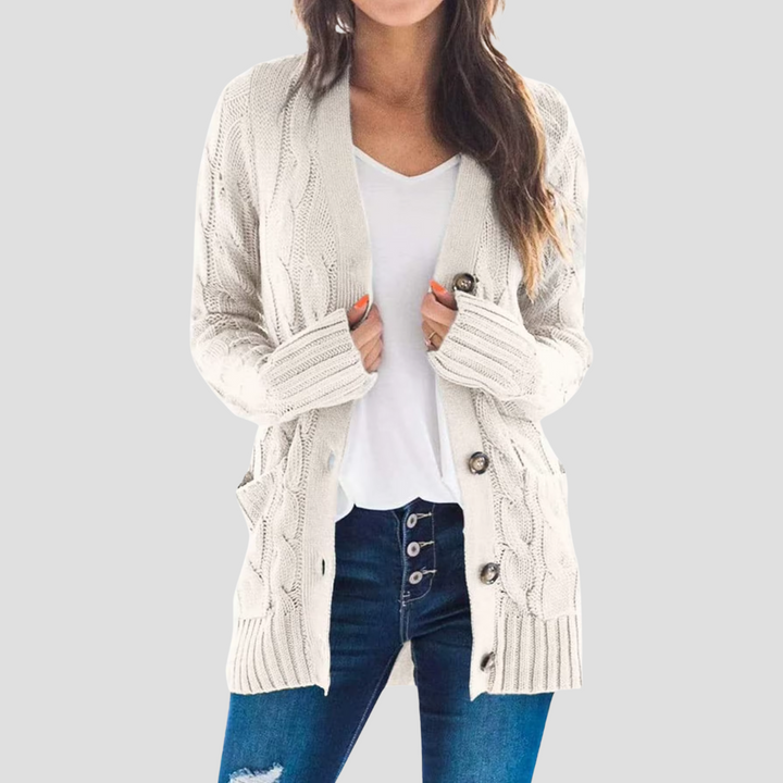 Drune | Damen Kabelstrick-Cardigan mit Knopfschluss und Taschen