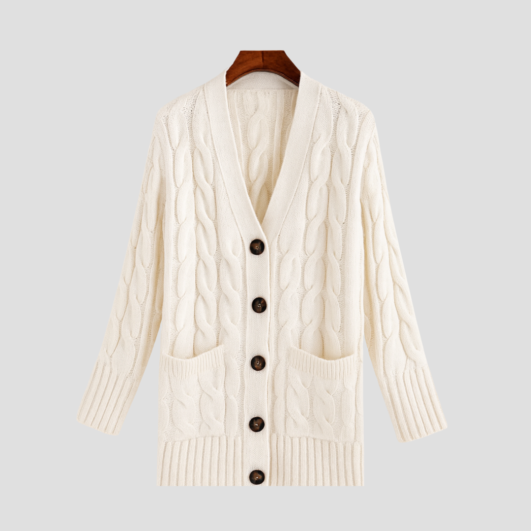 Drune | Damen Kabelstrick-Cardigan mit Knopfschluss und Taschen