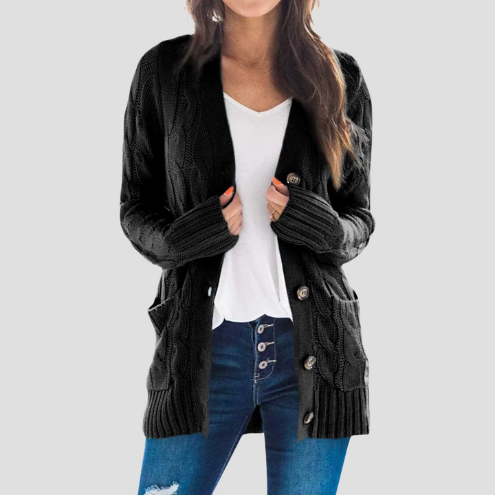 Drune | Damen Kabelstrick-Cardigan mit Knopfschluss und Taschen