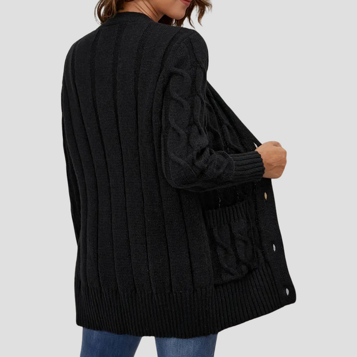 Drune | Damen Kabelstrick-Cardigan mit Knopfschluss und Taschen