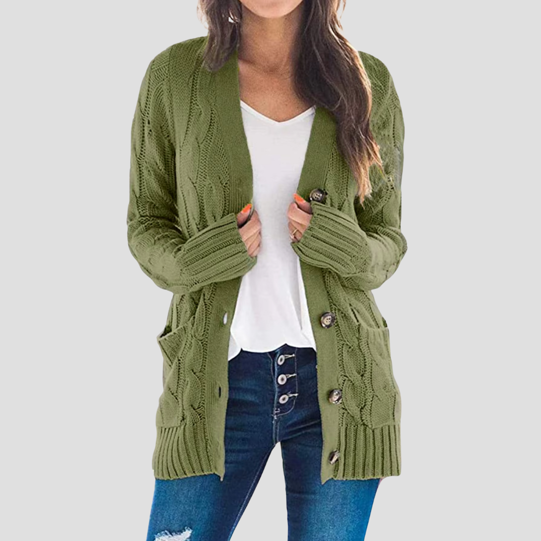 Drune | Damen Kabelstrick-Cardigan mit Knopfschluss und Taschen
