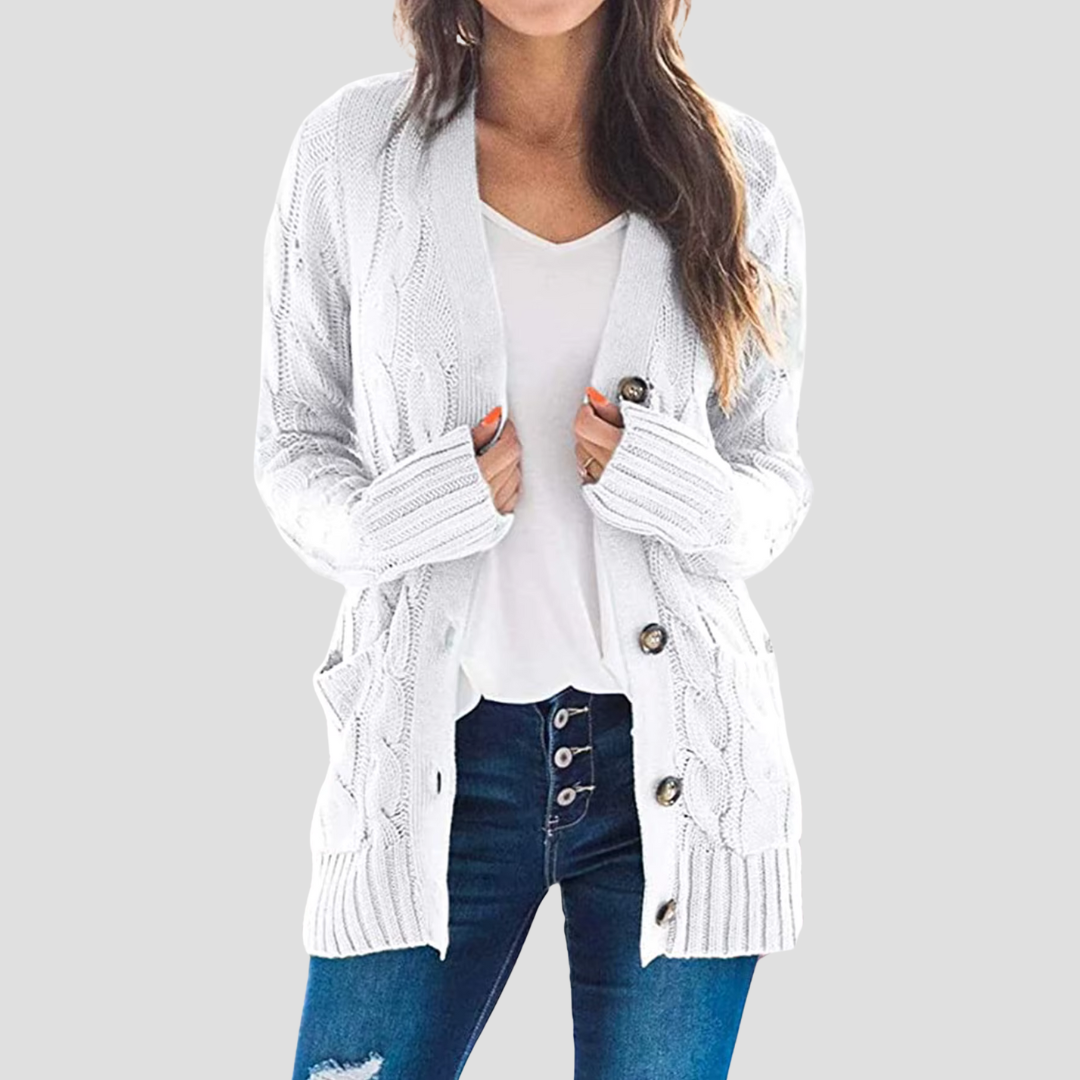 Drune | Damen Kabelstrick-Cardigan mit Knopfschluss und Taschen