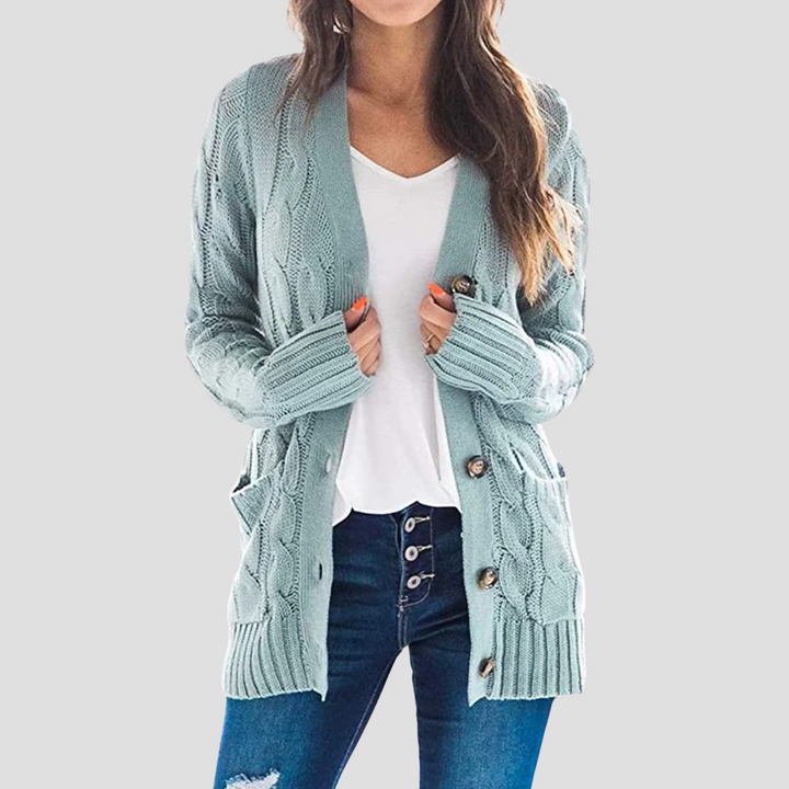 Drune | Damen Kabelstrick-Cardigan mit Knopfschluss und Taschen