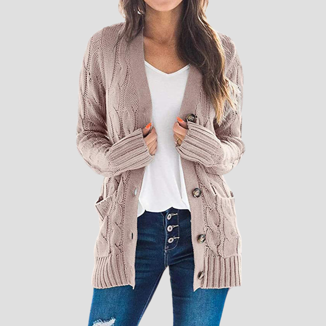 Drune | Damen Kabelstrick-Cardigan mit Knopfschluss und Taschen