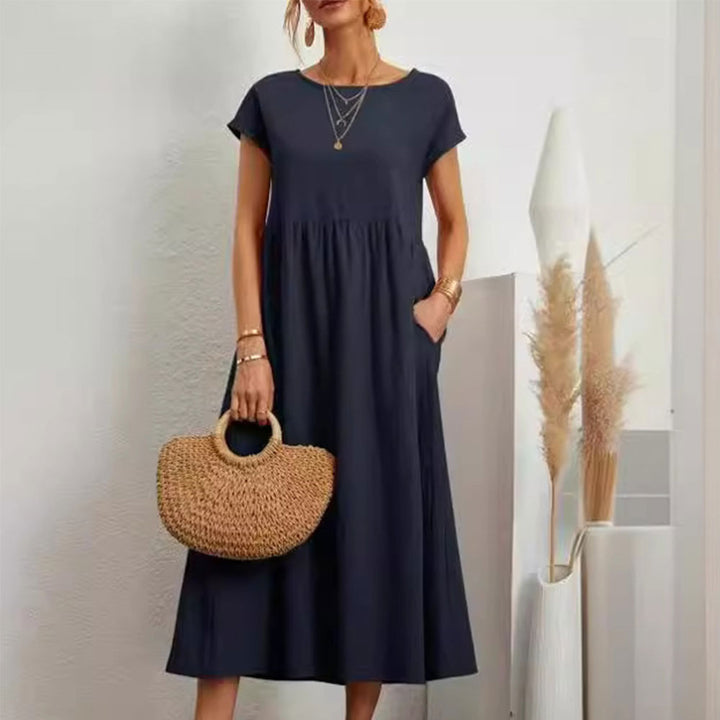 Drune | lockeres Rundhals-Sommer-Midikleid aus Baumwolle und Leinen