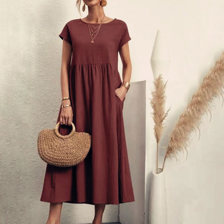 Drune | lockeres Rundhals-Sommer-Midikleid aus Baumwolle und Leinen