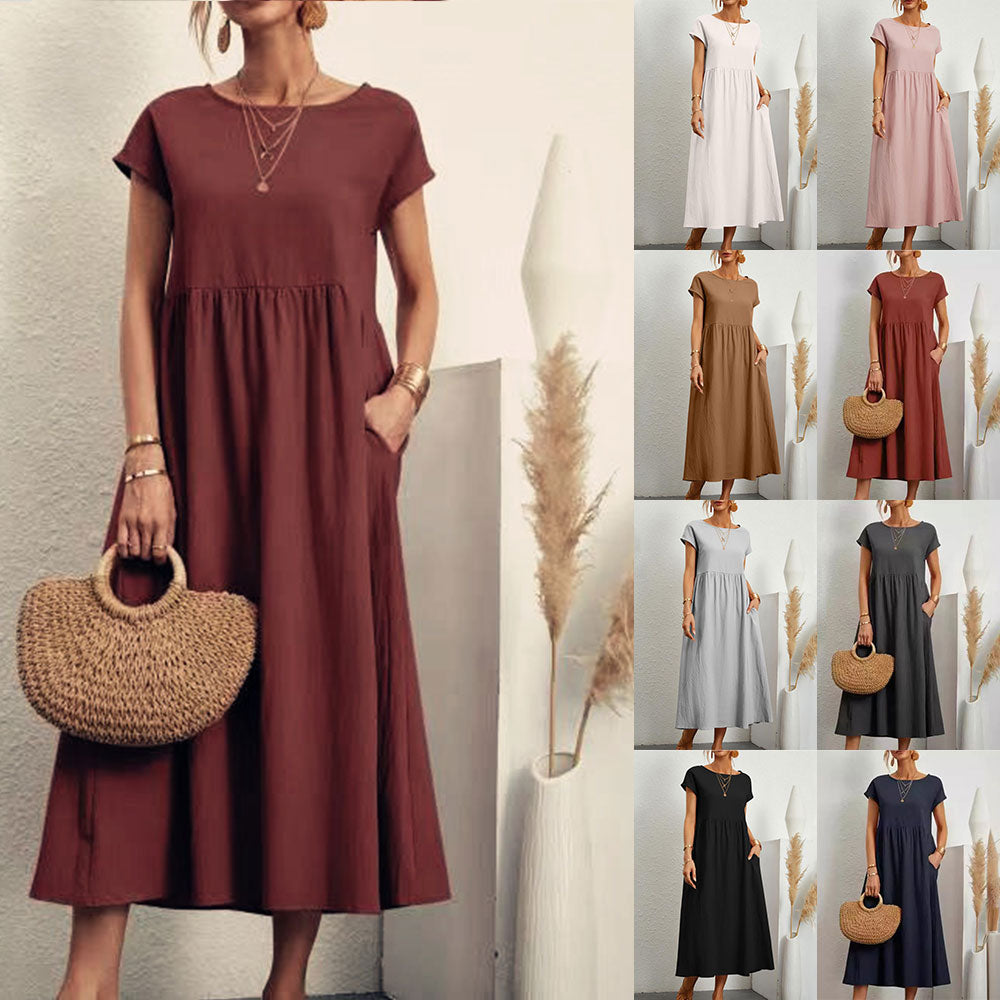 Drune | lockeres Rundhals-Sommer-Midikleid aus Baumwolle und Leinen