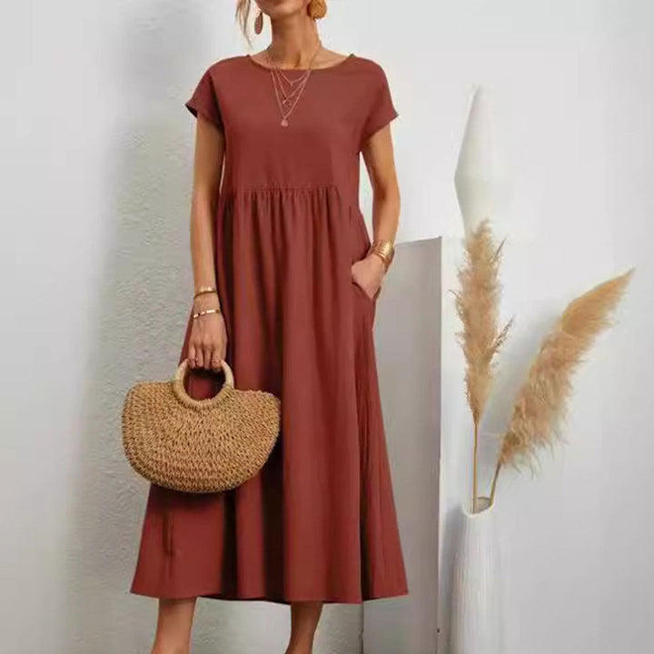 Drune | lockeres Rundhals-Sommer-Midikleid aus Baumwolle und Leinen