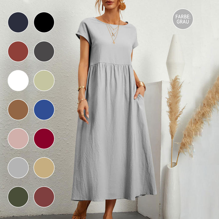 Drune | lockeres Rundhals-Sommer-Midikleid aus Baumwolle und Leinen