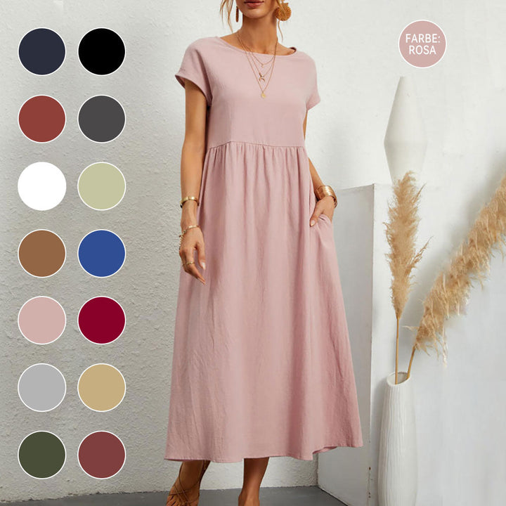 Drune | lockeres Rundhals-Sommer-Midikleid aus Baumwolle und Leinen