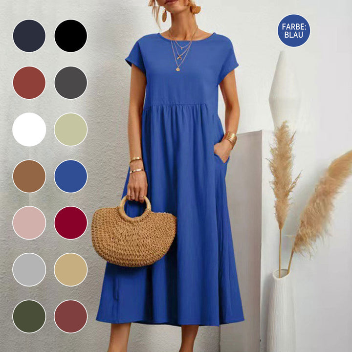 Drune | lockeres Rundhals-Sommer-Midikleid aus Baumwolle und Leinen