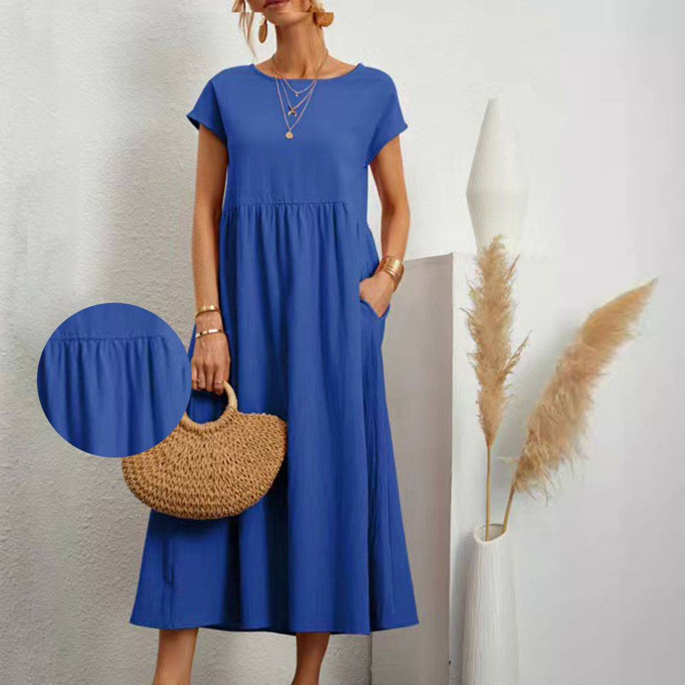 Drune | lockeres Rundhals-Sommer-Midikleid aus Baumwolle und Leinen