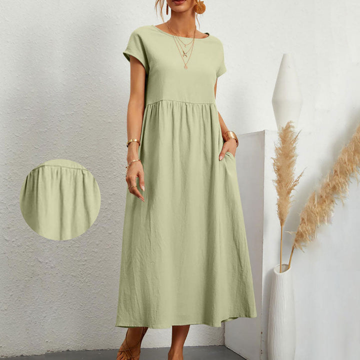 Drune | lockeres Rundhals-Sommer-Midikleid aus Baumwolle und Leinen