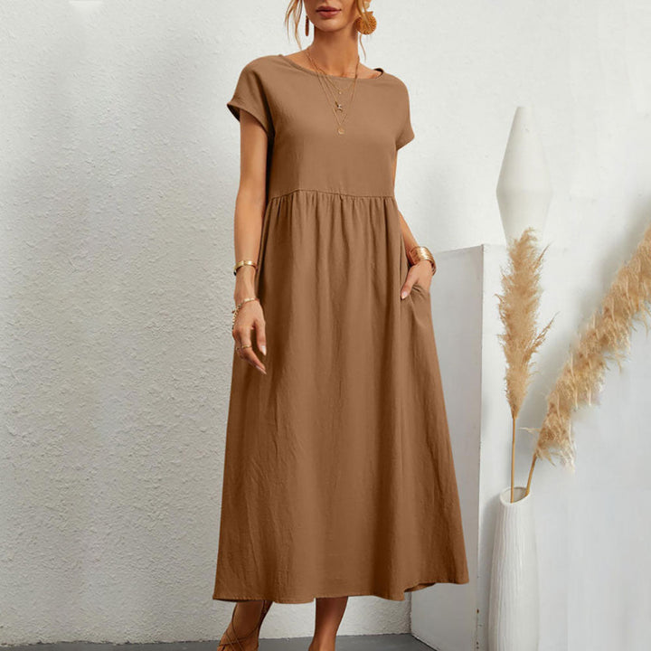 Drune | lockeres Rundhals-Sommer-Midikleid aus Baumwolle und Leinen
