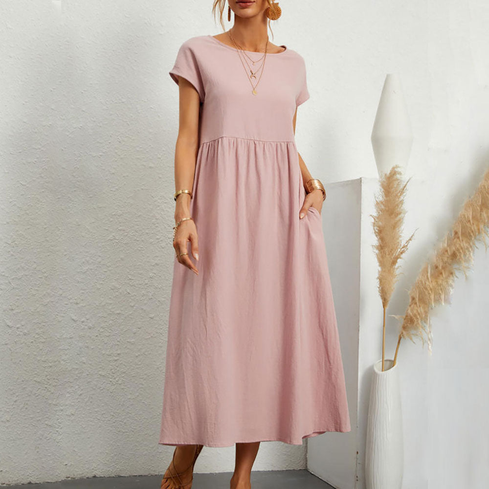 Drune | lockeres Rundhals-Sommer-Midikleid aus Baumwolle und Leinen