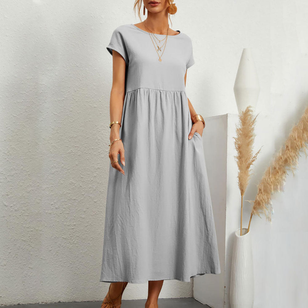 Drune | lockeres Rundhals-Sommer-Midikleid aus Baumwolle und Leinen