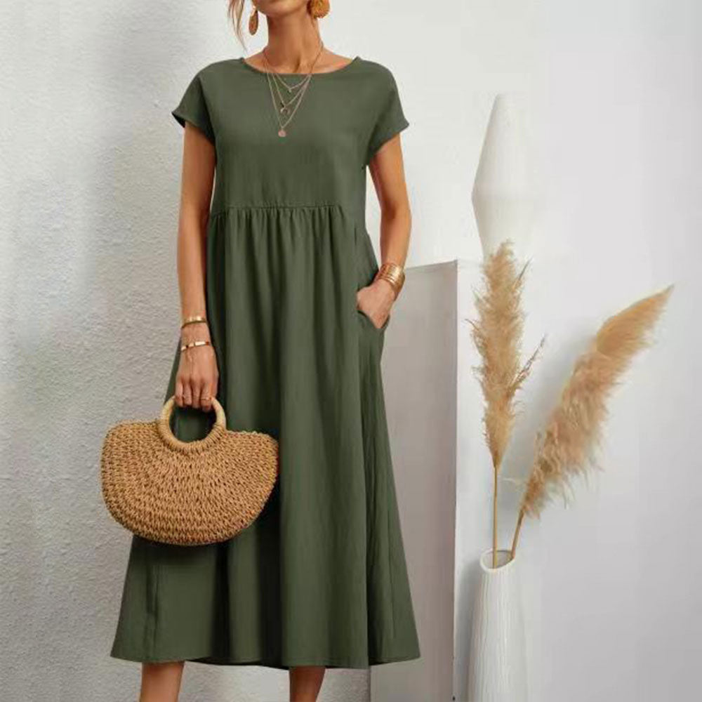Drune | lockeres Rundhals-Sommer-Midikleid aus Baumwolle und Leinen