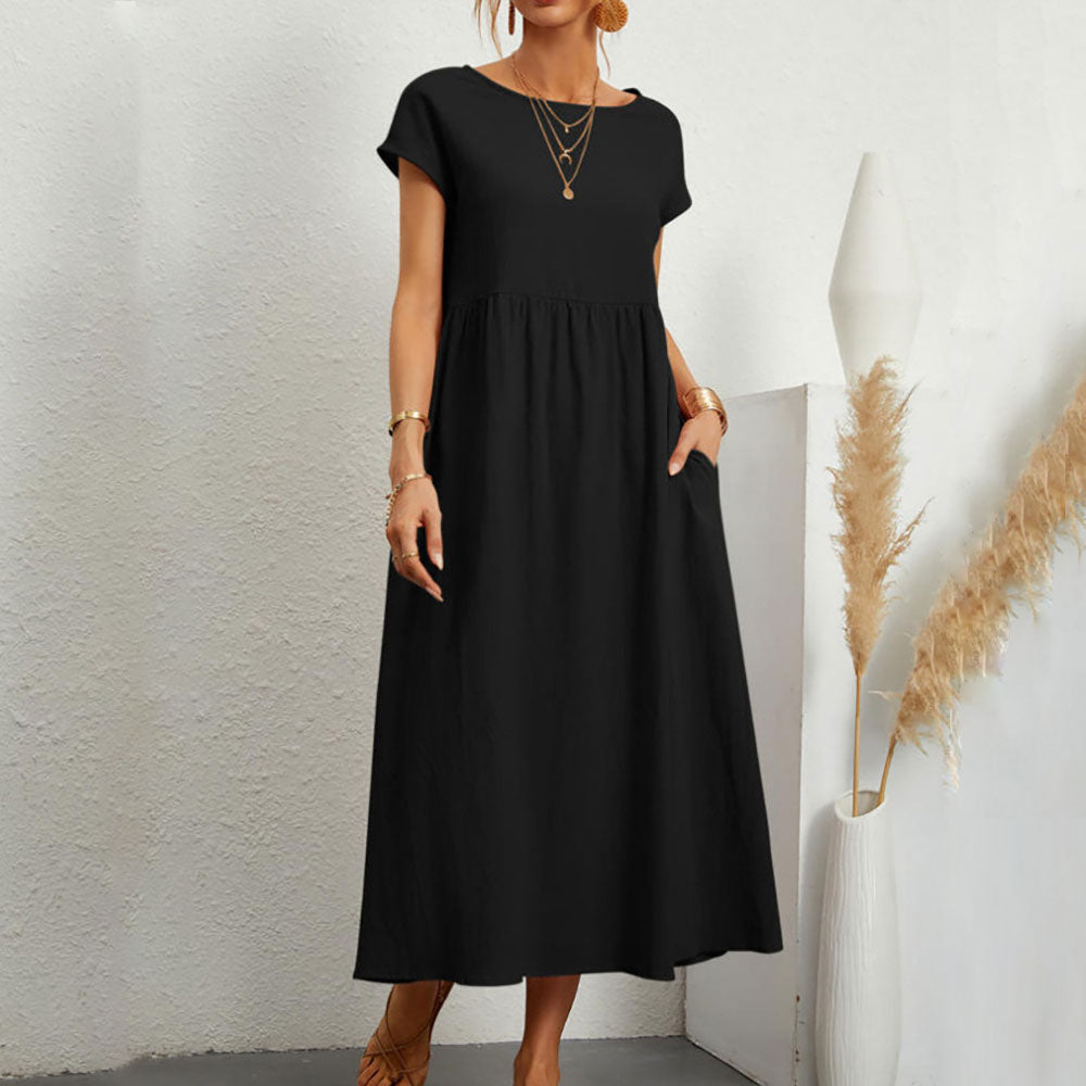 Drune | lockeres Rundhals-Sommer-Midikleid aus Baumwolle und Leinen