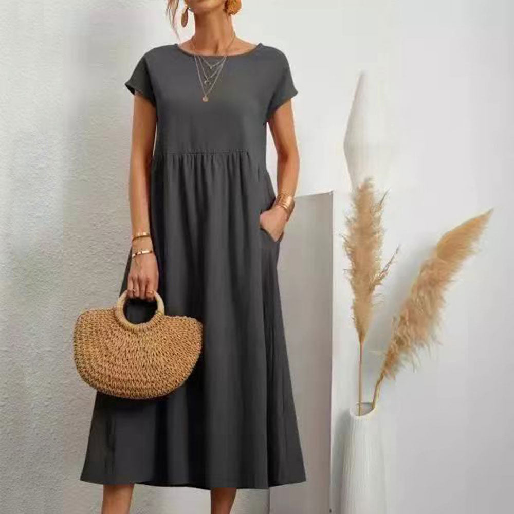 Drune | lockeres Rundhals-Sommer-Midikleid aus Baumwolle und Leinen