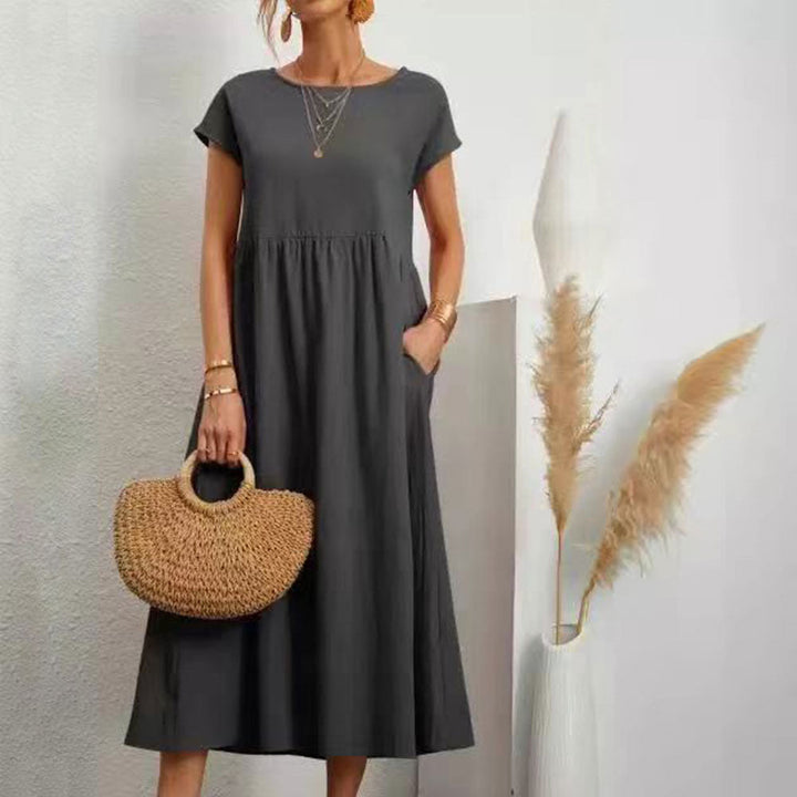 Drune | lockeres Rundhals-Sommer-Midikleid aus Baumwolle und Leinen